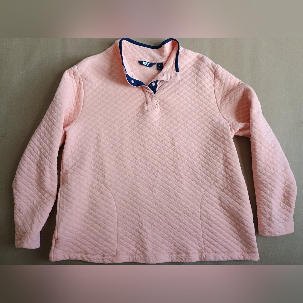 Lands' End Ladies Large Orange Quilted Top with Navy Trim Pullover Collar